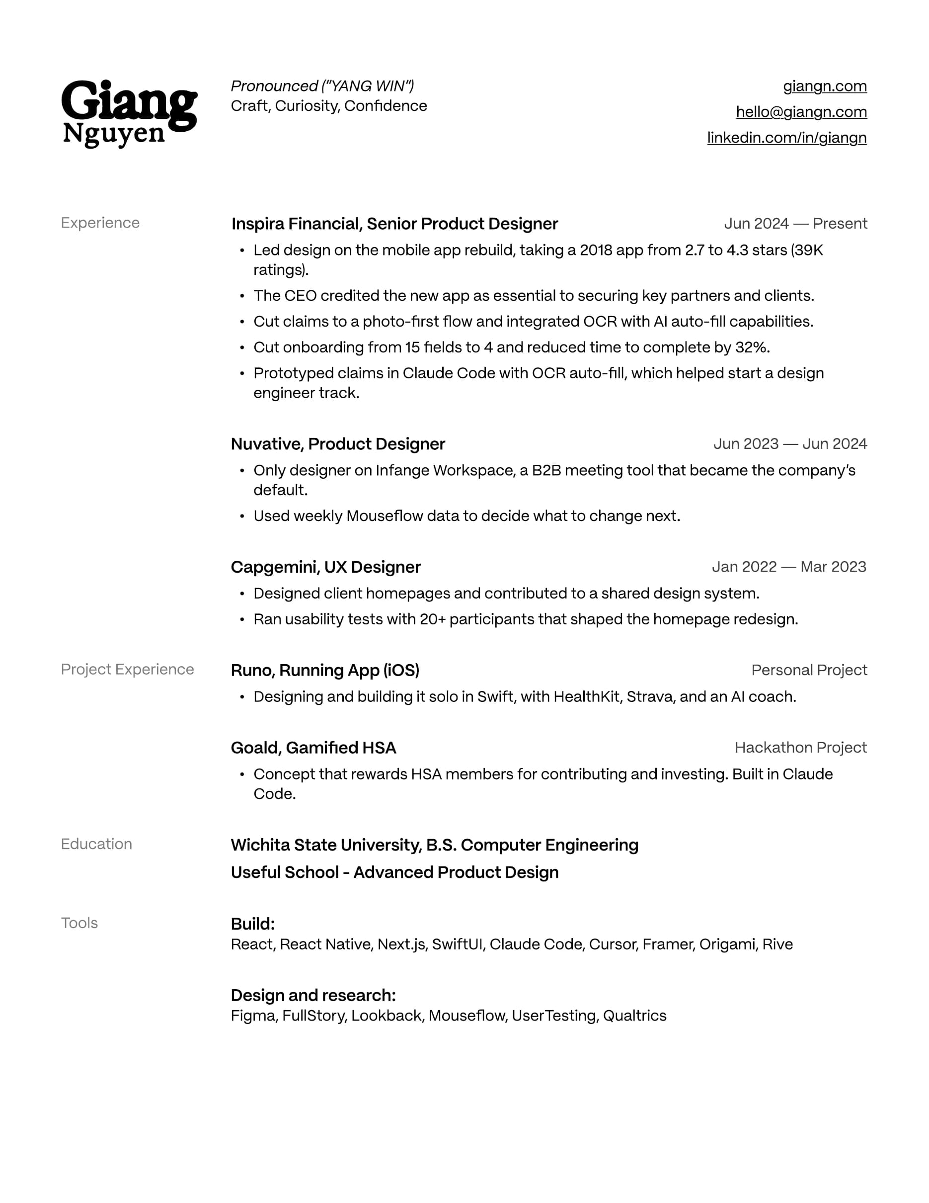Giang Nguyen's resume. The PDF has the same content as selectable text.